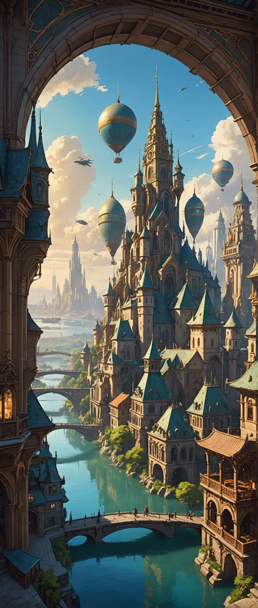 Epic Fantasy Cityscape with Adventurer, Hyperdetailed Art