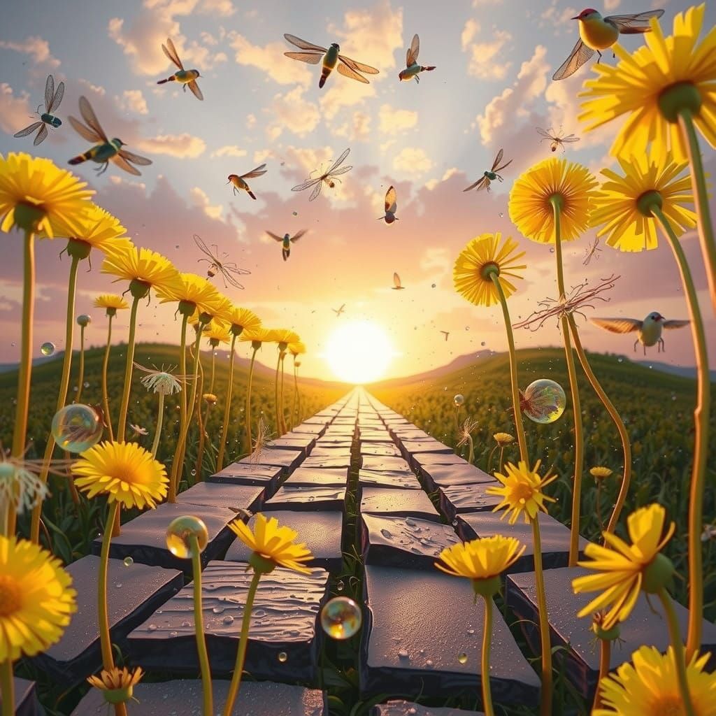 Surrealist Dandelion in Dreamlike Four-Point Perspective