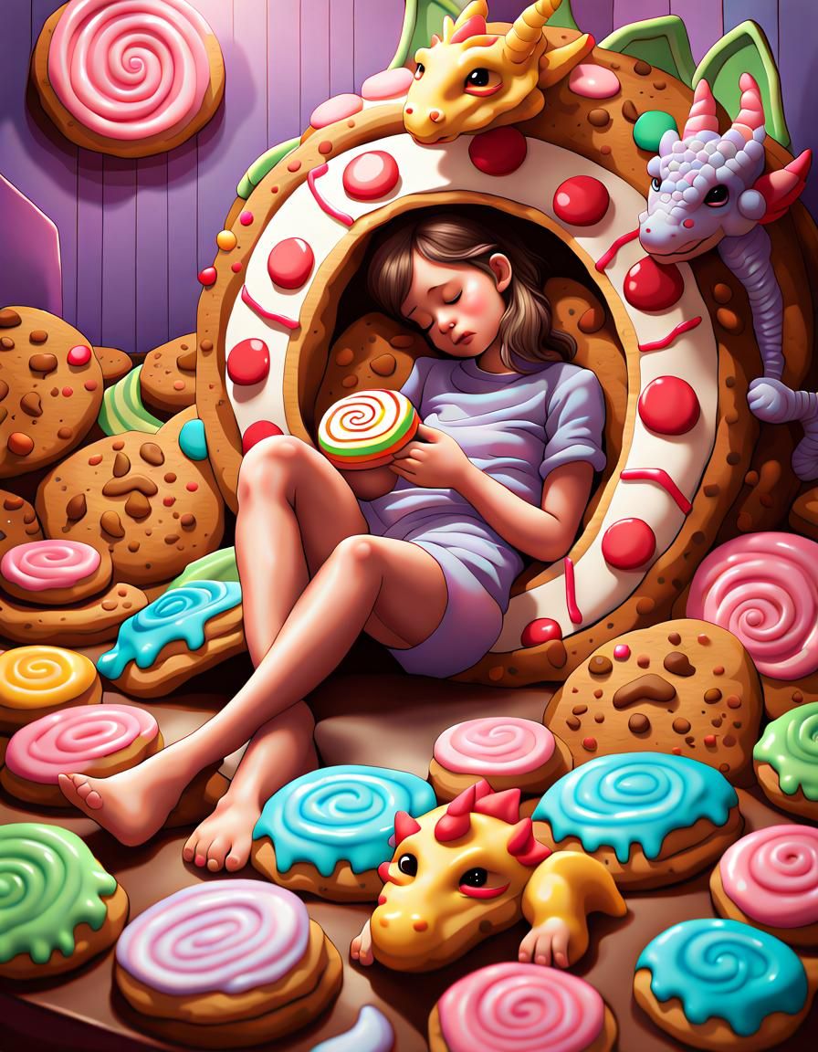 girl  asleep inside a cookie house cuddling a little dragon Candy art style! Whimsical playful colorful! candy!!! 🍬🍭 C...