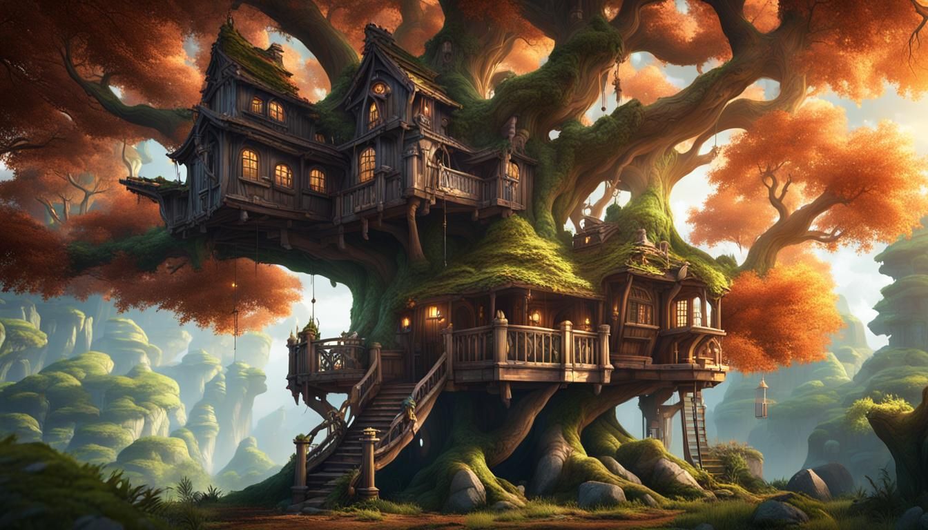 Detailed Treehouse in Deep Forest: Fantasy Concept Art