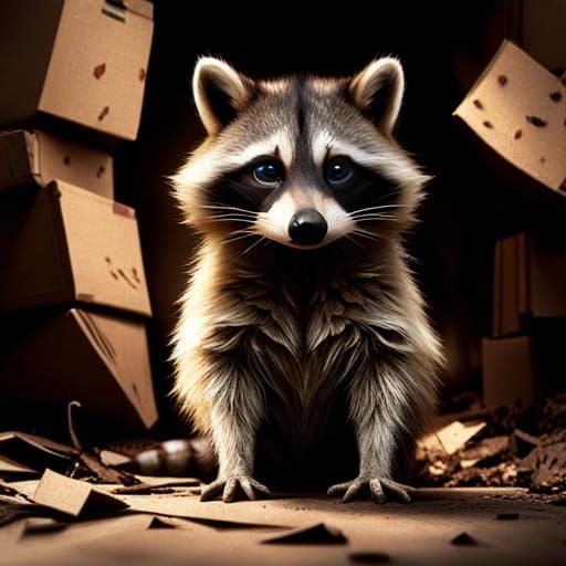Sad Raccoon Cub in Dark Alley: Digital Painting