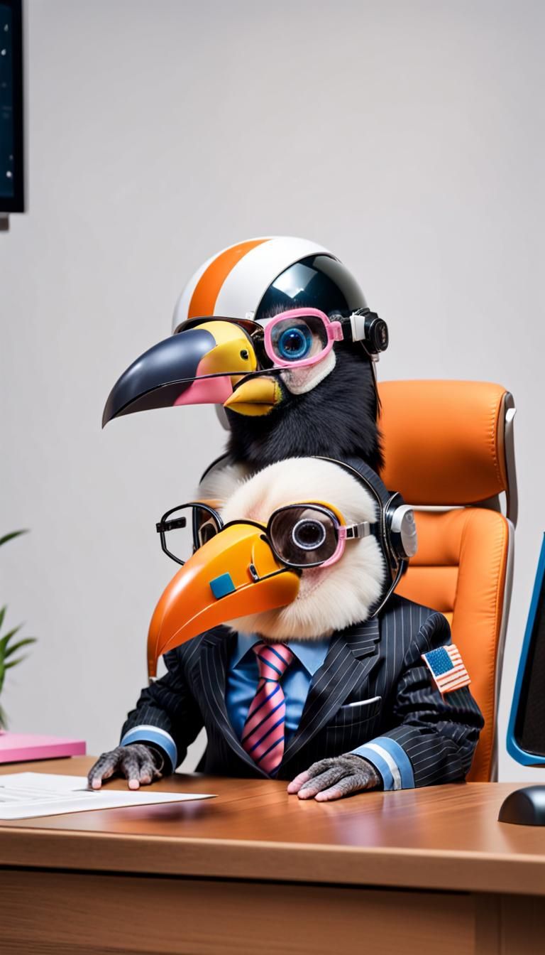 Toucan Astronaut at a Desk on a Satellite