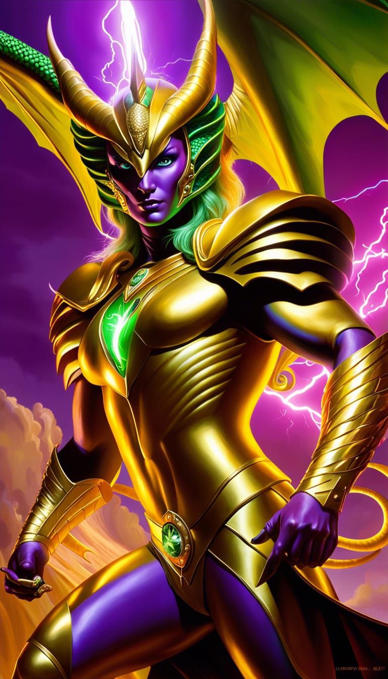 Gold Dragon-Hawk Superheroine Hit by Lightning