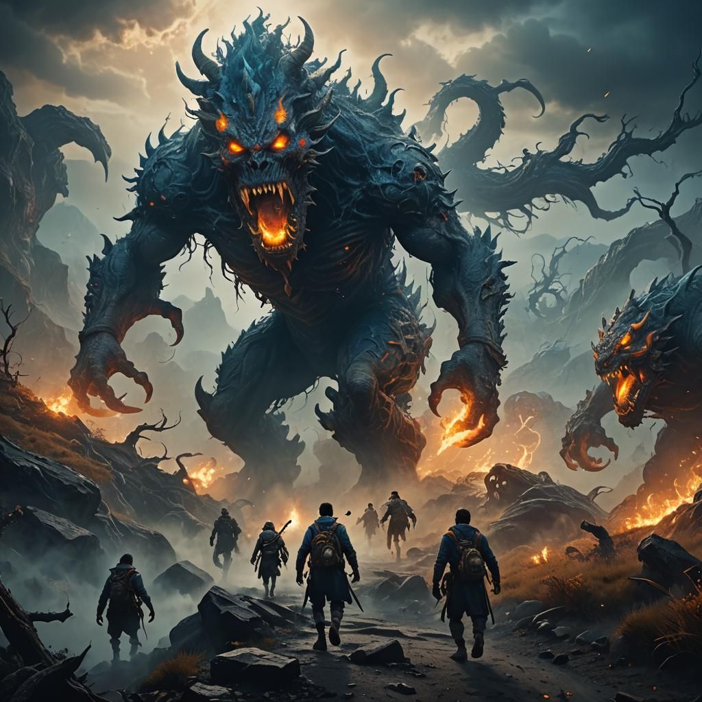 Eerie Fantasy Landscape: Monsters Chase Fleeing Figure