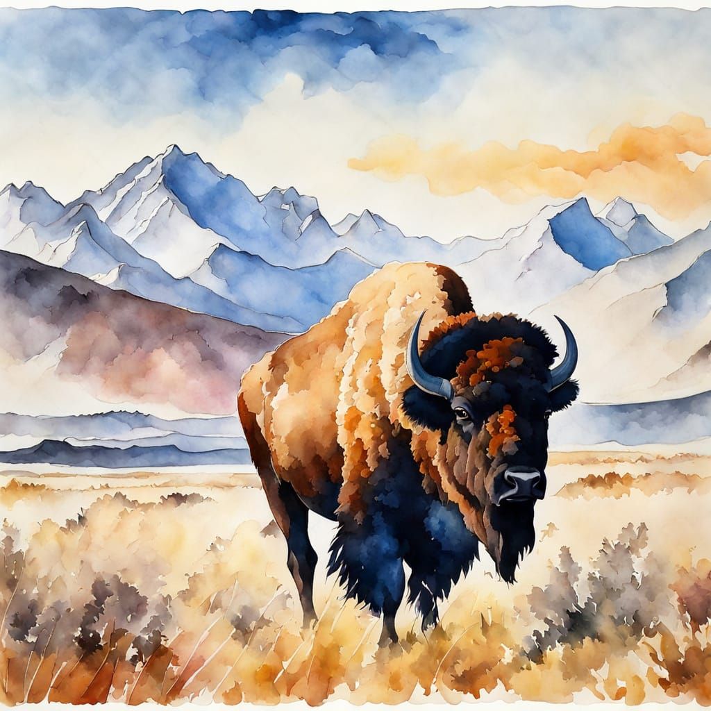 Bison on the Great Plains in Watercolor