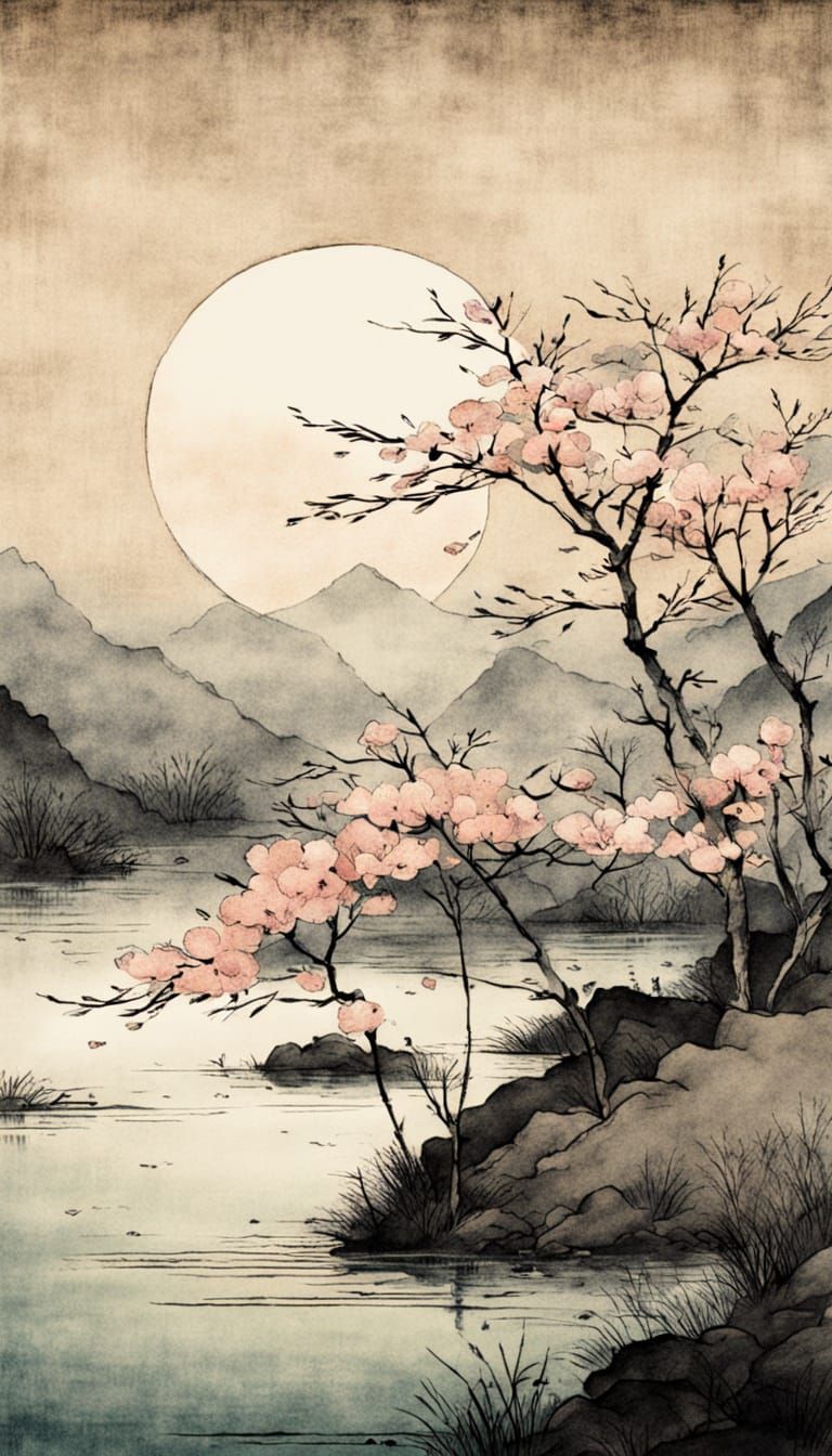 Elegant Magnolia Blossom in Soft Focus, Ukiyo-e Style