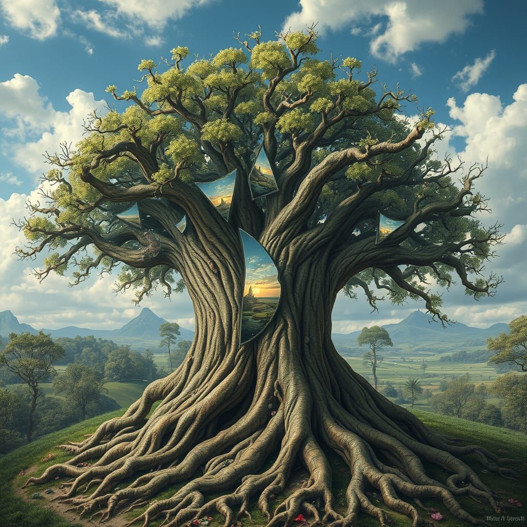 Tree Portal to Fantastical Realms with Cracked Mirrors and L...