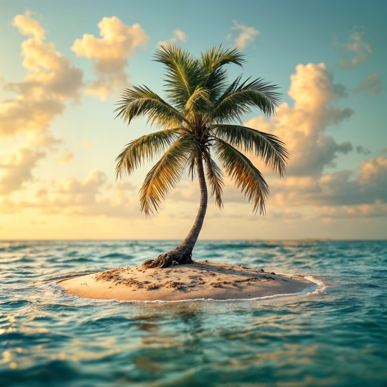 Lone Palm Tree on Tiny Island: Hyperrealistic