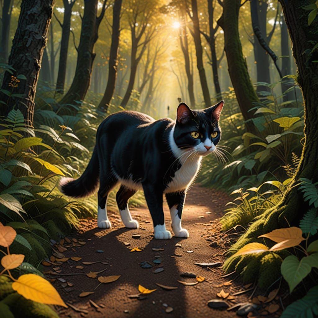 Black and White Cat Surprises a Deer in a Whimsical Forest S...