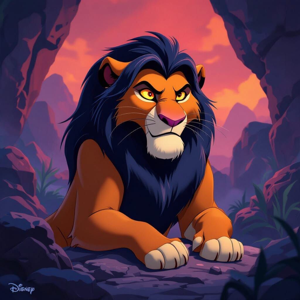 Scar Plotting Evil in Shadowy Rocks