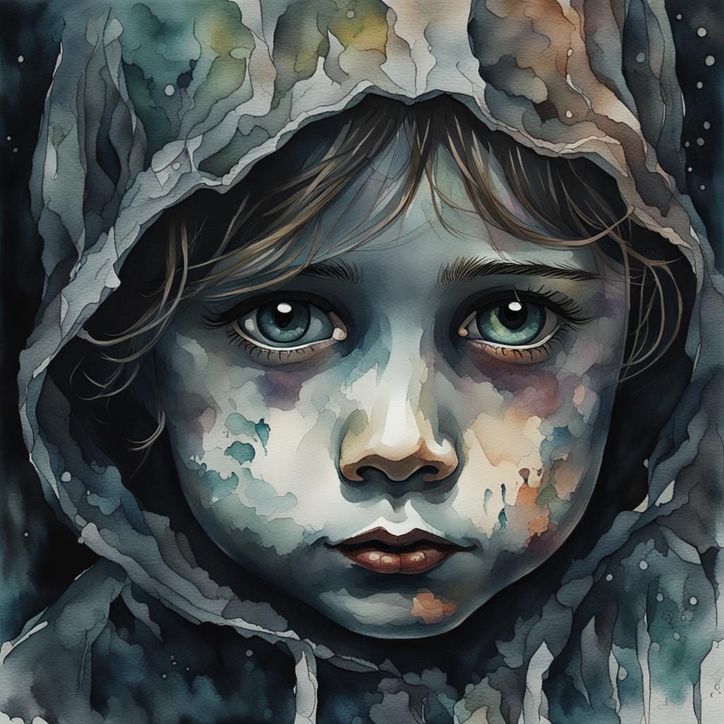 Ghostly Child Lingering in the Dark: Watercolor Painting