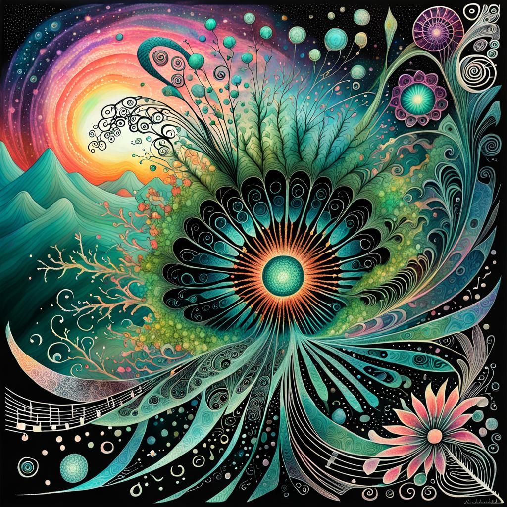 Intricate Zentangle Pattern with Nebula and Musical Elements