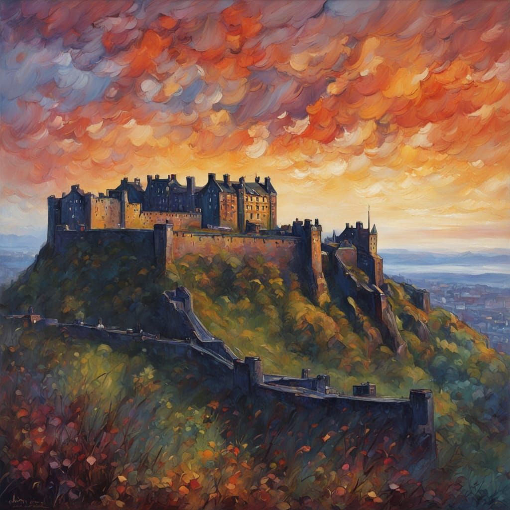 Neo-Impressionist Oil Painting of Edinburgh Castle