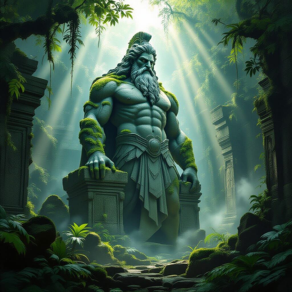 Ancient Granite Zeus Guards Misty Jungle Temple
