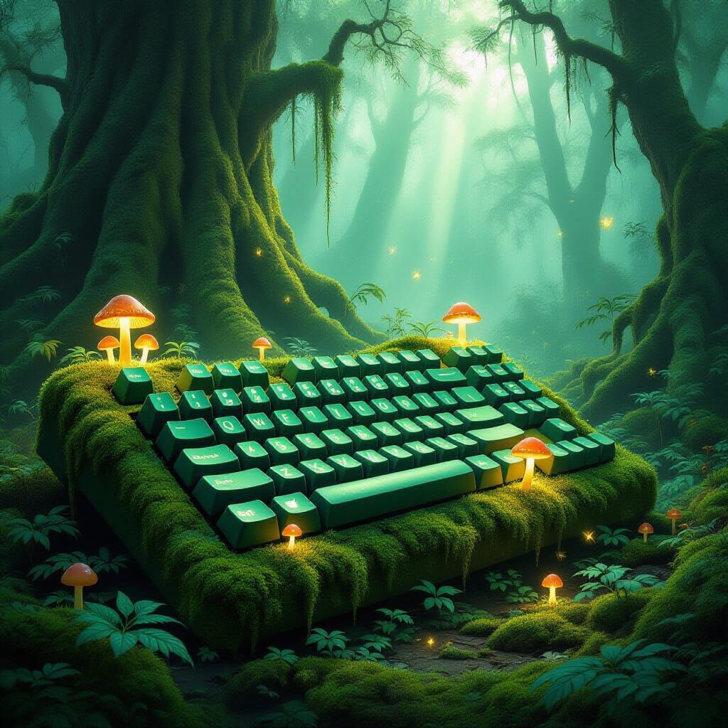Ancient Keyboard in Misty Forest, Digital Painting Style
