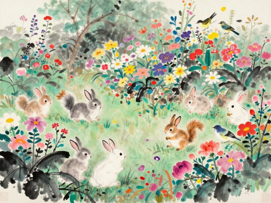 Cute Animals in Vibrant Garden Ink Wash Painting