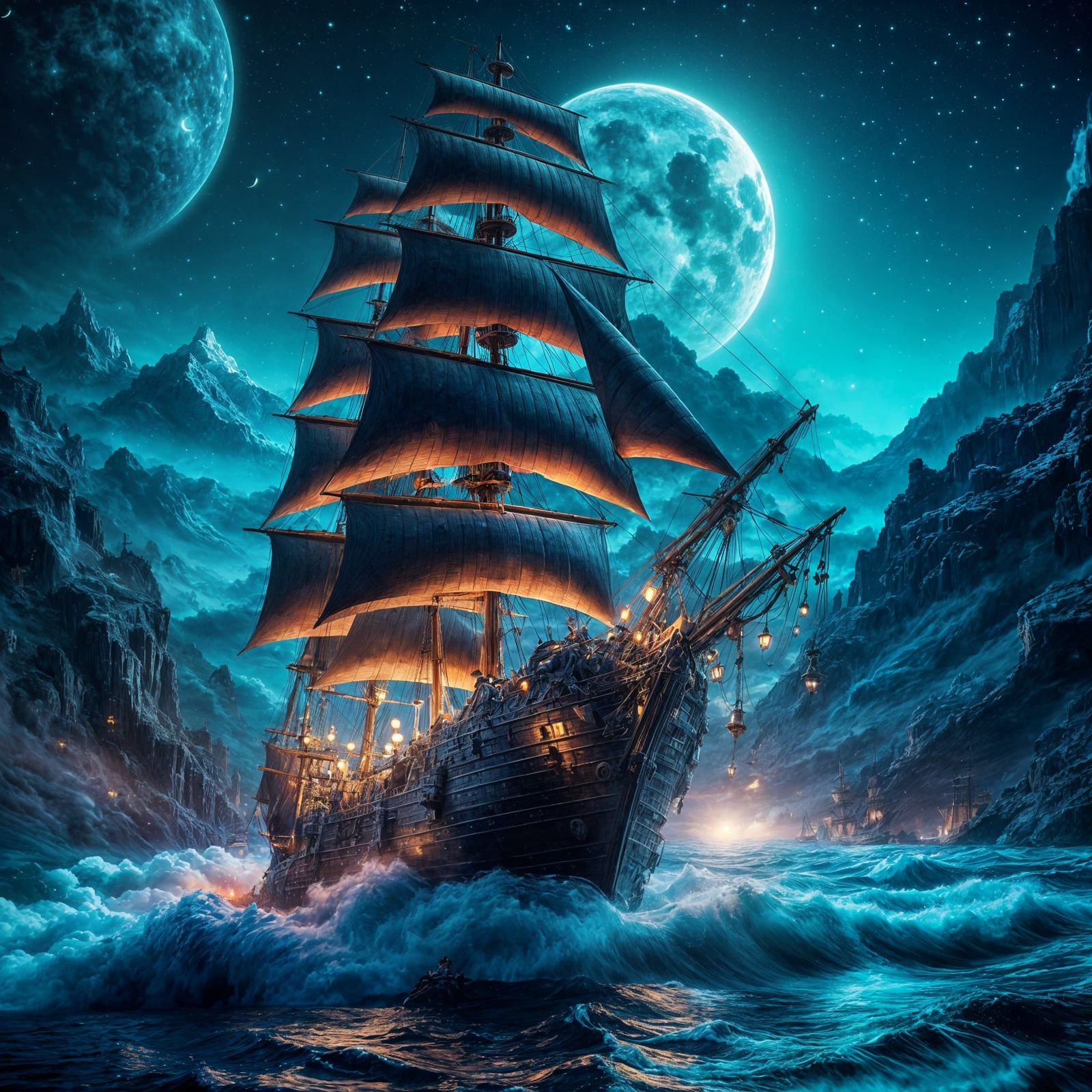 Spirited Tall Ship on Churning Seas: Digital Matte Painting