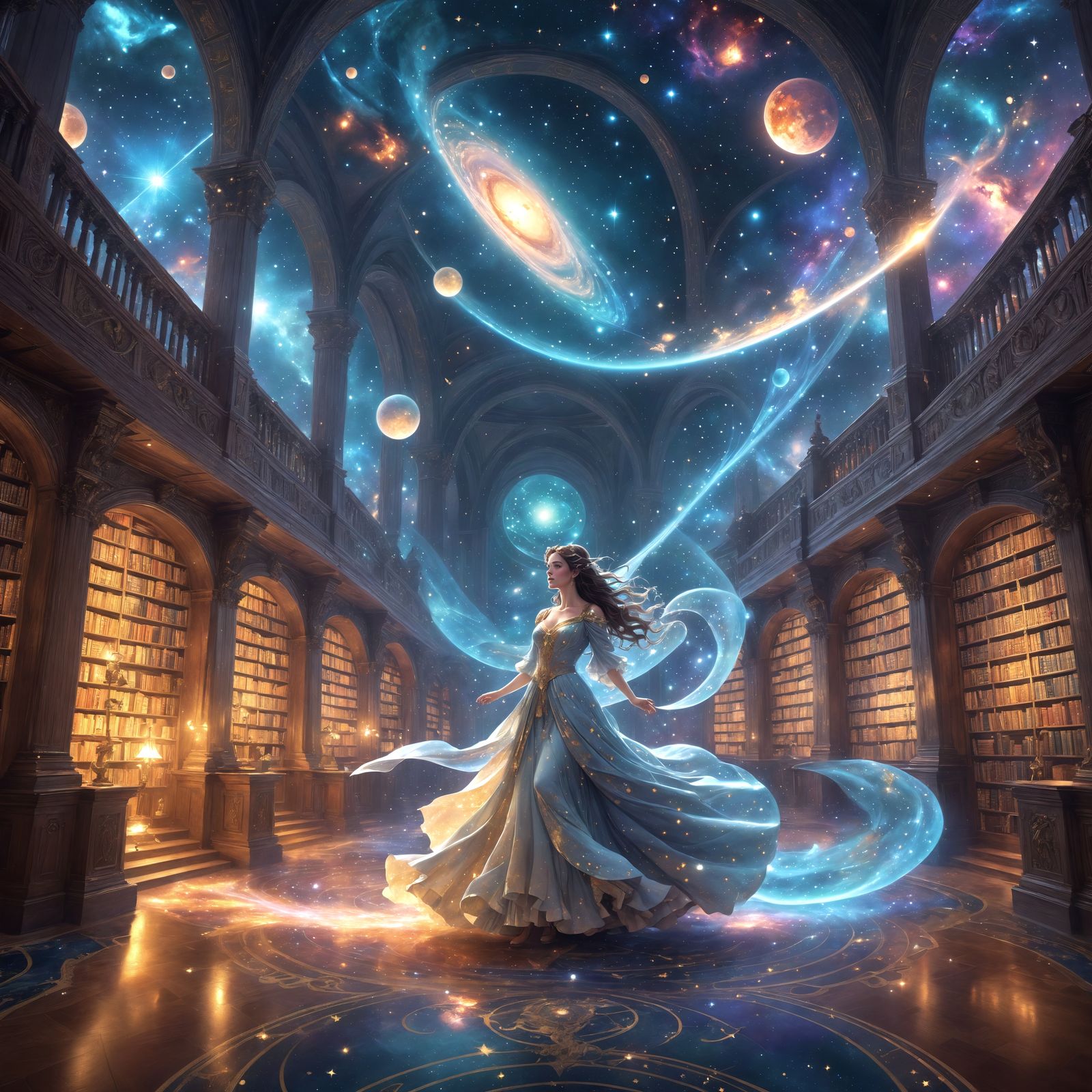 Celestial Library with Ethereal Librarian in Space