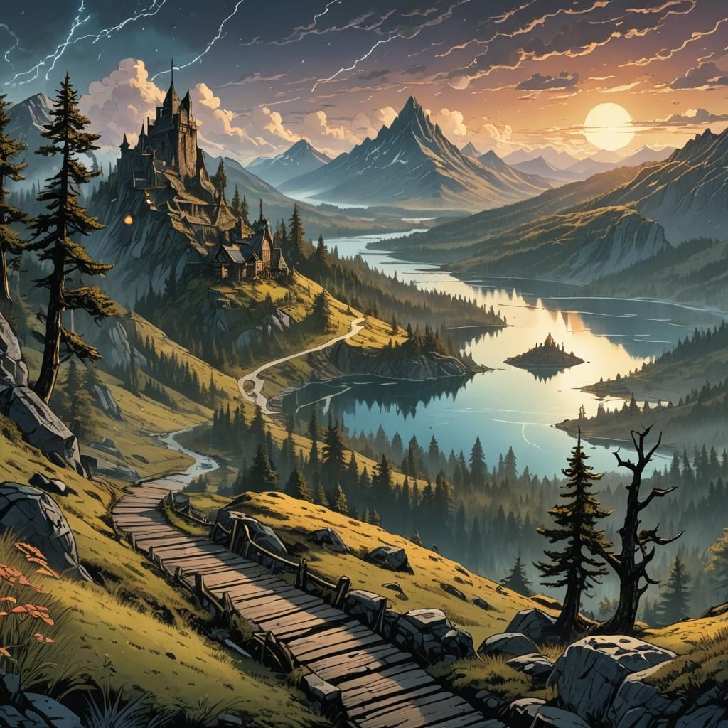 Skyrim Lake at Dawn: Hand-Drawn Digital Illustration