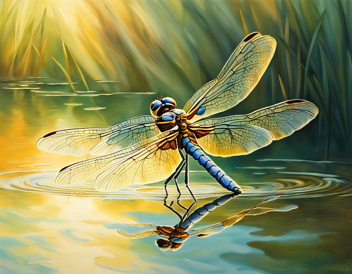 Dragonfly over Water in Sfumato Painting Style