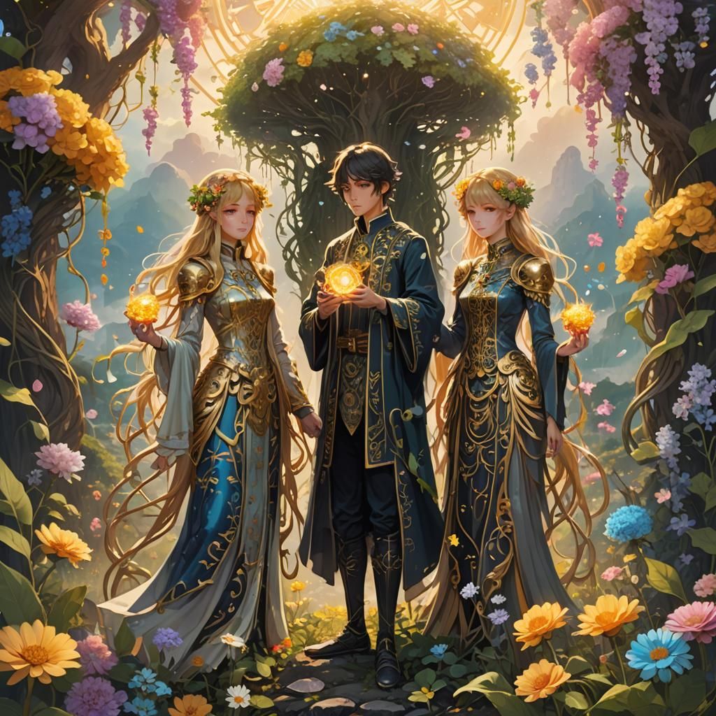 Surreal Anime Lovers at Crossroads with Tarot Cards