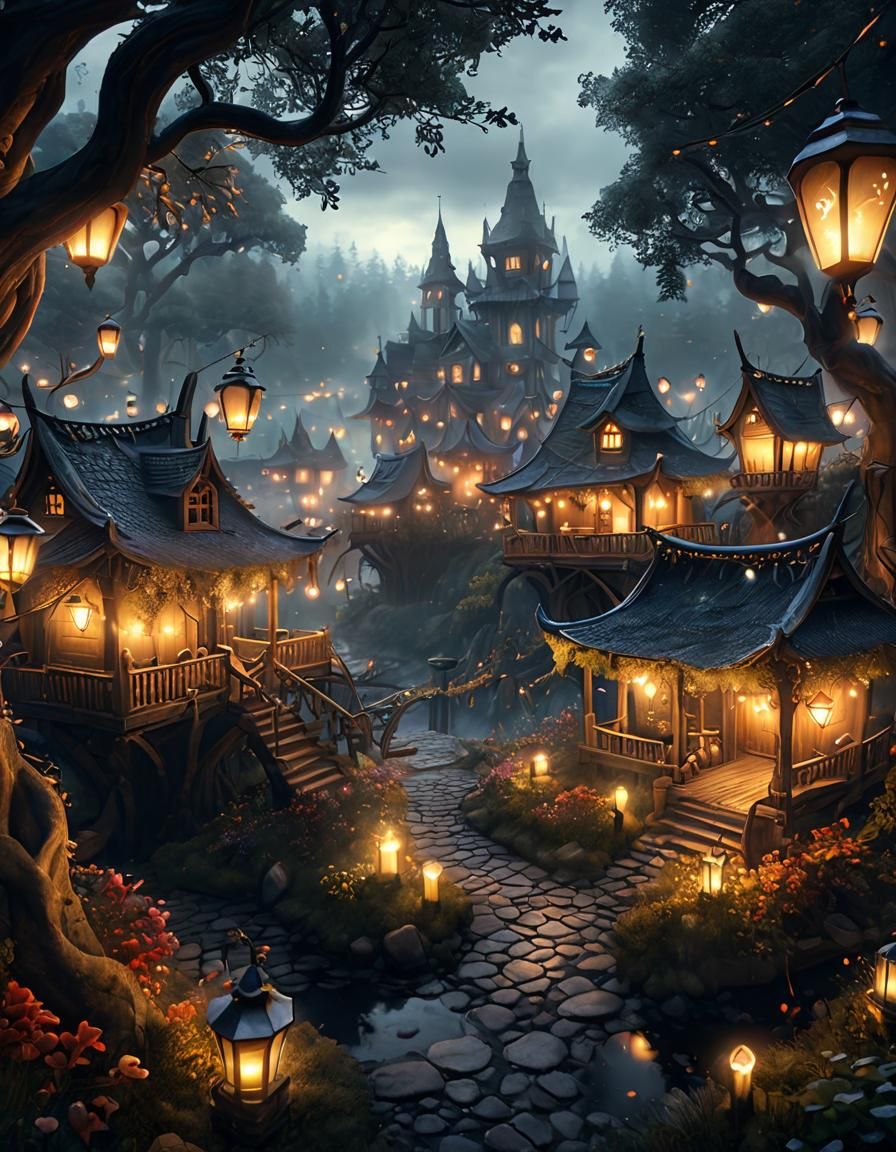 Ethereal Dark Fairy Village in Misty Forest
