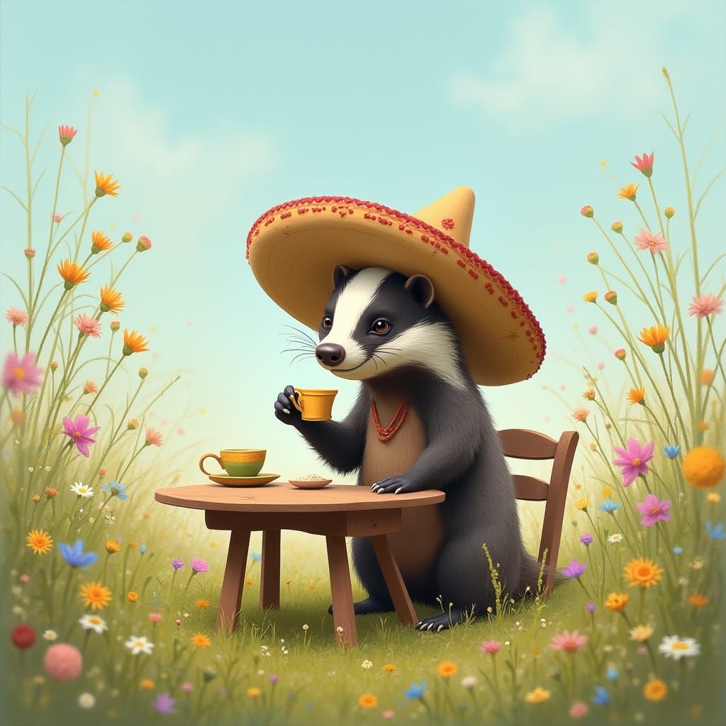 Grumpy Badger's Tea Party in Painterly Style