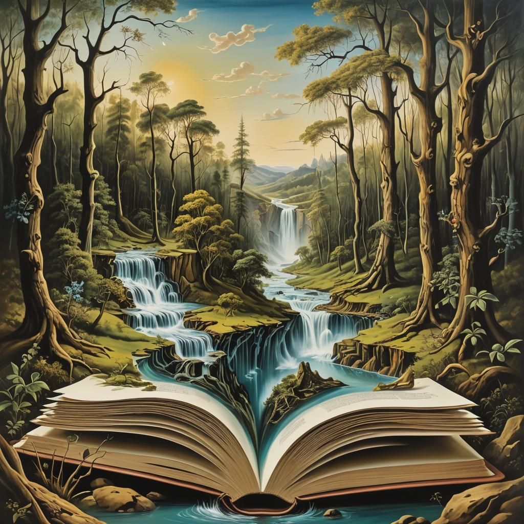 Surreal Forest Book Portal in Oil Painting Style