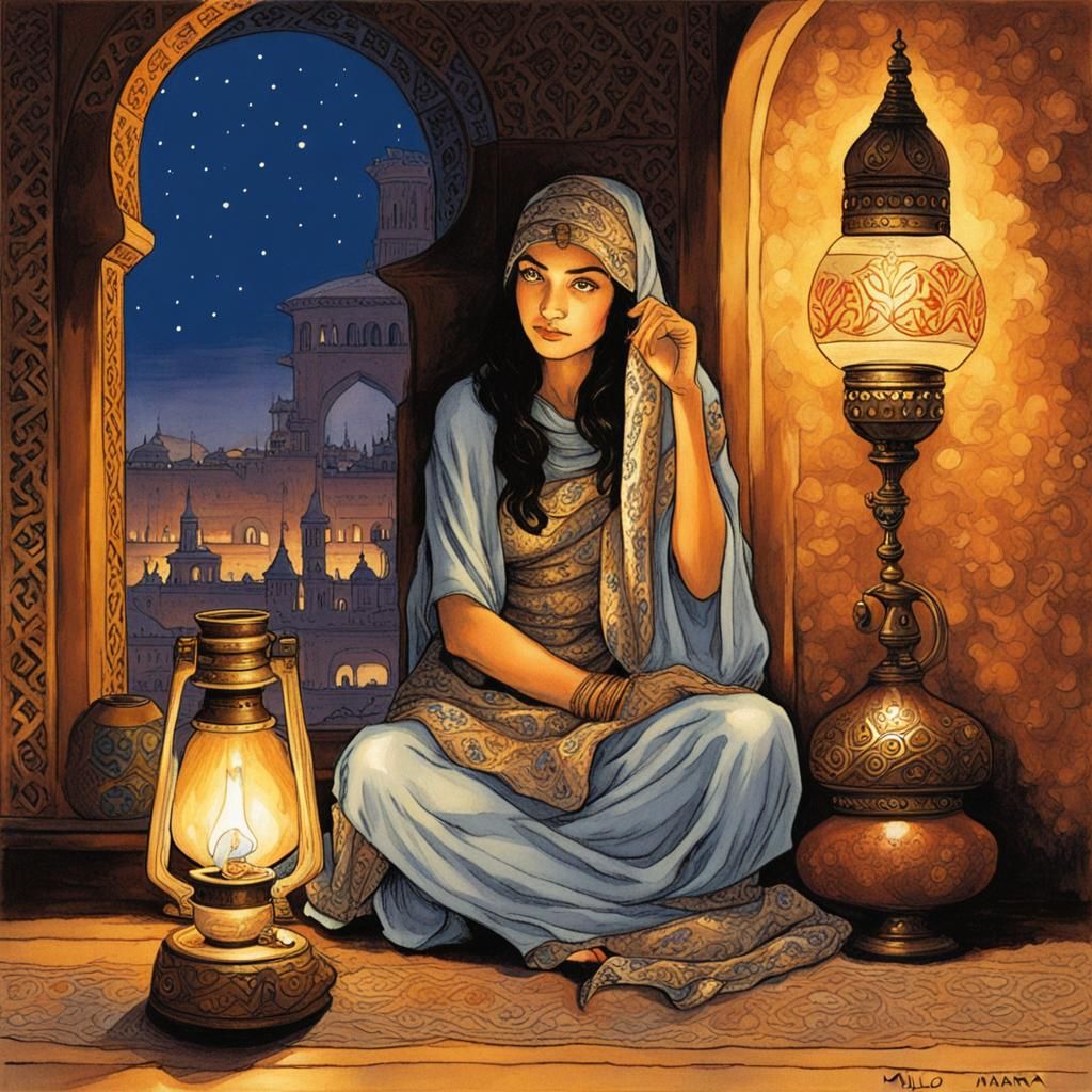 Arabian Princess with Oil Lamp in Comic Book Style