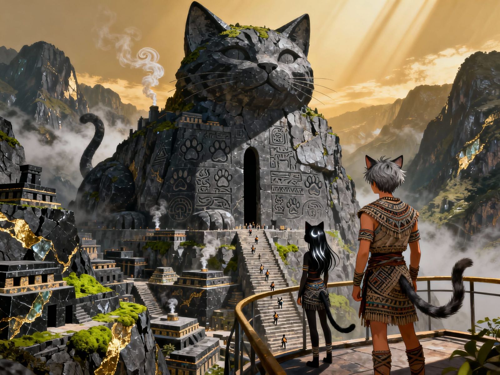 Colossal Nekomimi Mountain Fortress Carved into Granite Clif...