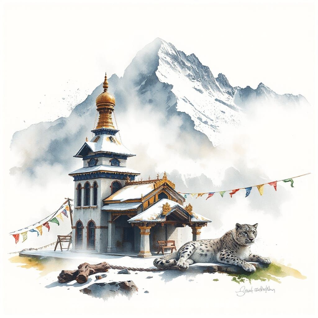 Serenely Harmonious Himalayan Temple Scene in Whimsical Wate...