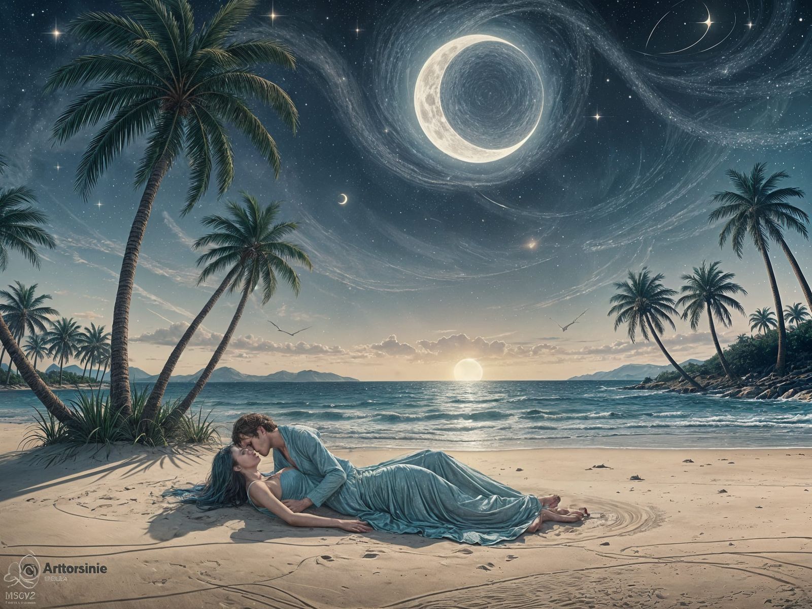 Romantic Night on Tropical Beach: Ink Illustration