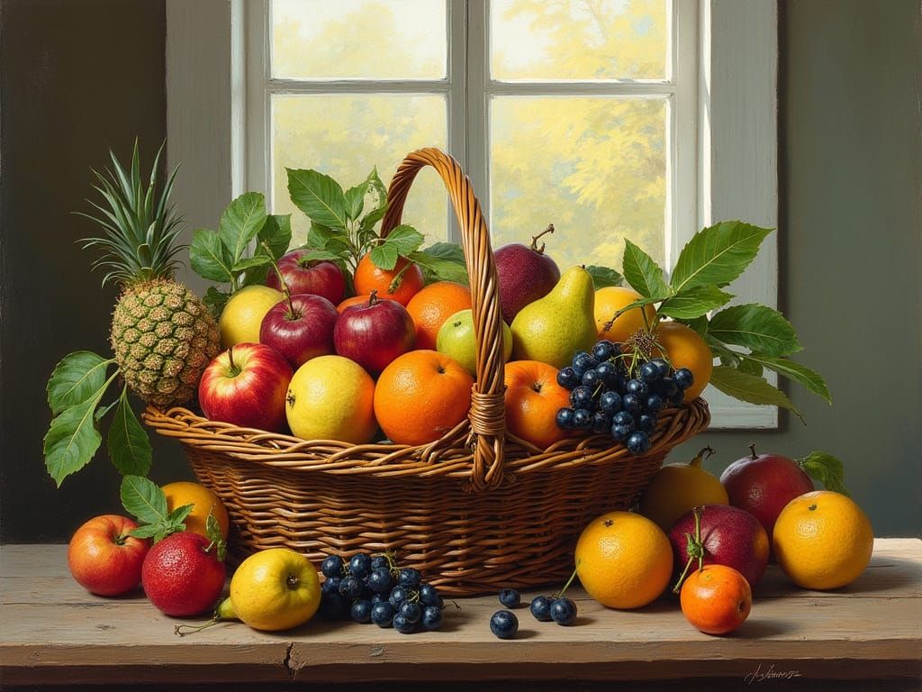 Vibrant Still Life of Fruits in a Wicker Basket with Soft Su...