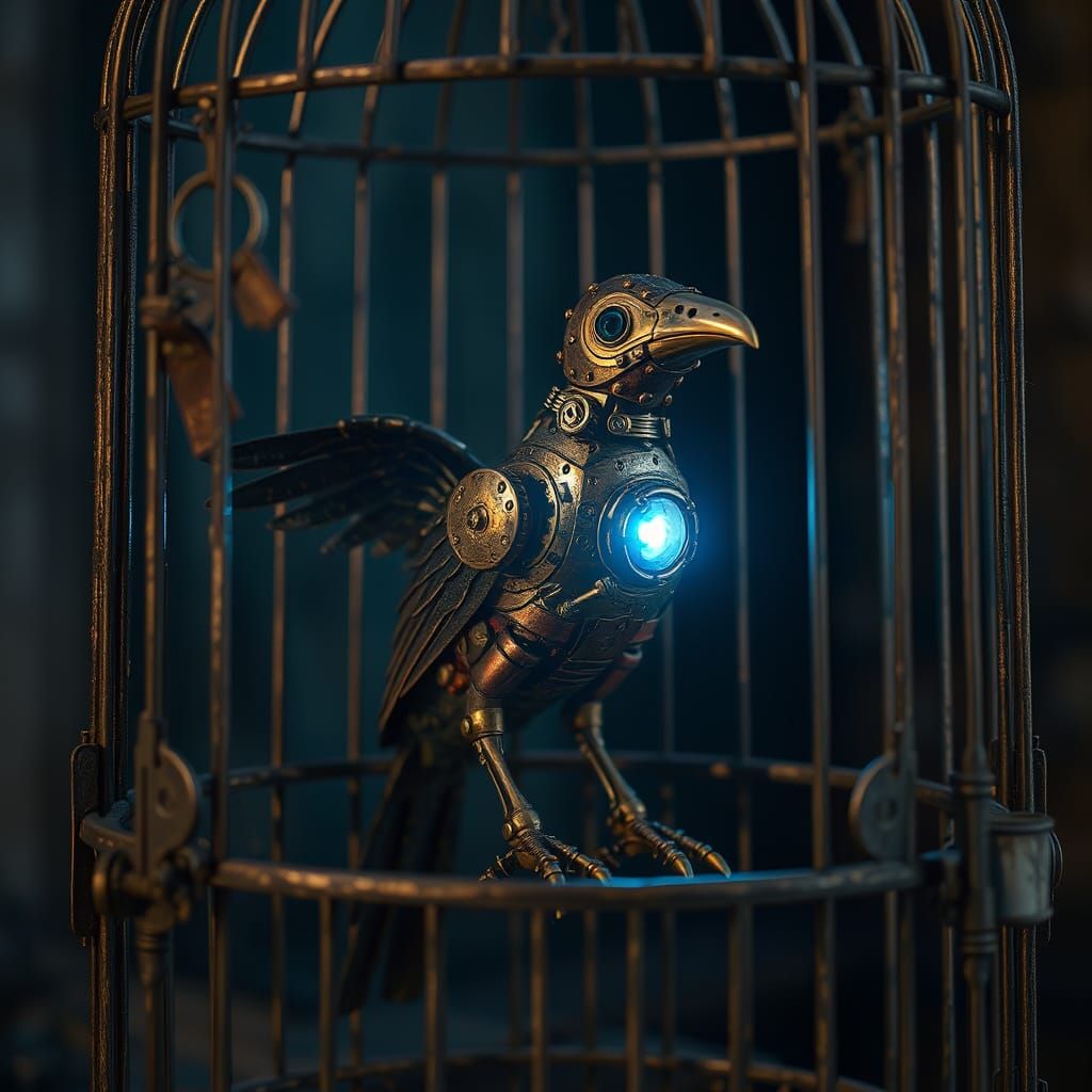 Steampunk Bird in Ornate Vintage Cage