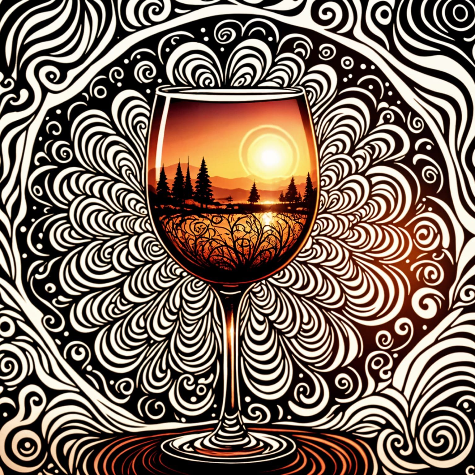 Sunlit Wine Glass in Bohemian Zentangle Style