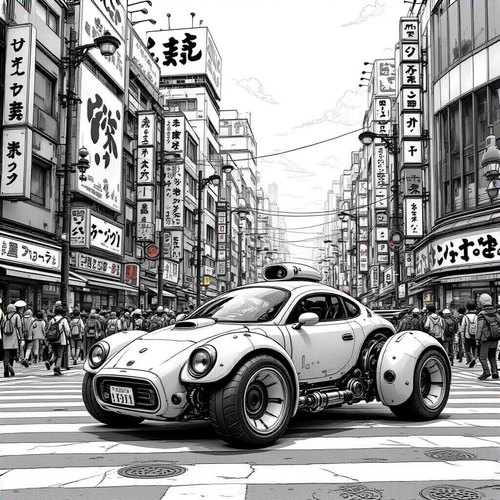 Steampunk Car in Japanese City, Manga Sketch Style