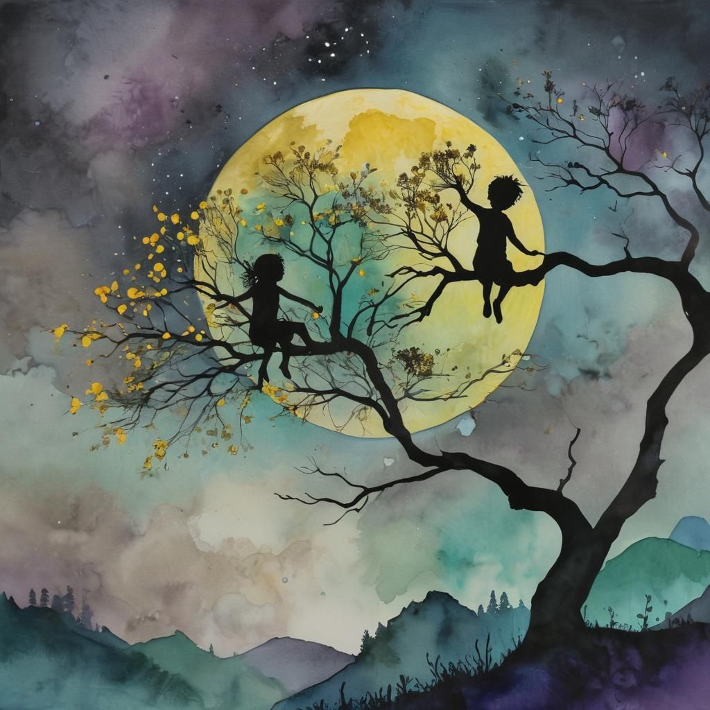 Children in Tree, Alcohol Ink and Watercolor Sky
