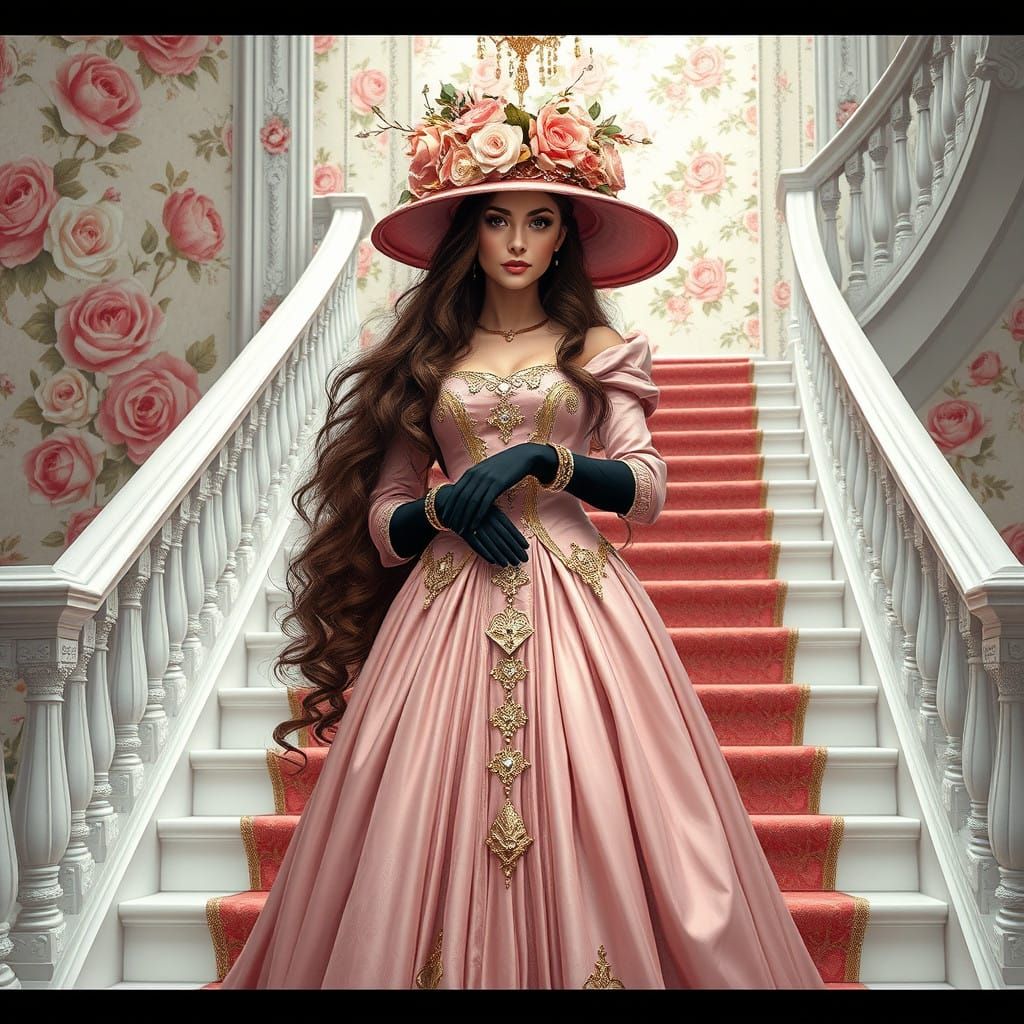 Elegant Woman on Grand Staircase in Whimsical Medieval Gown