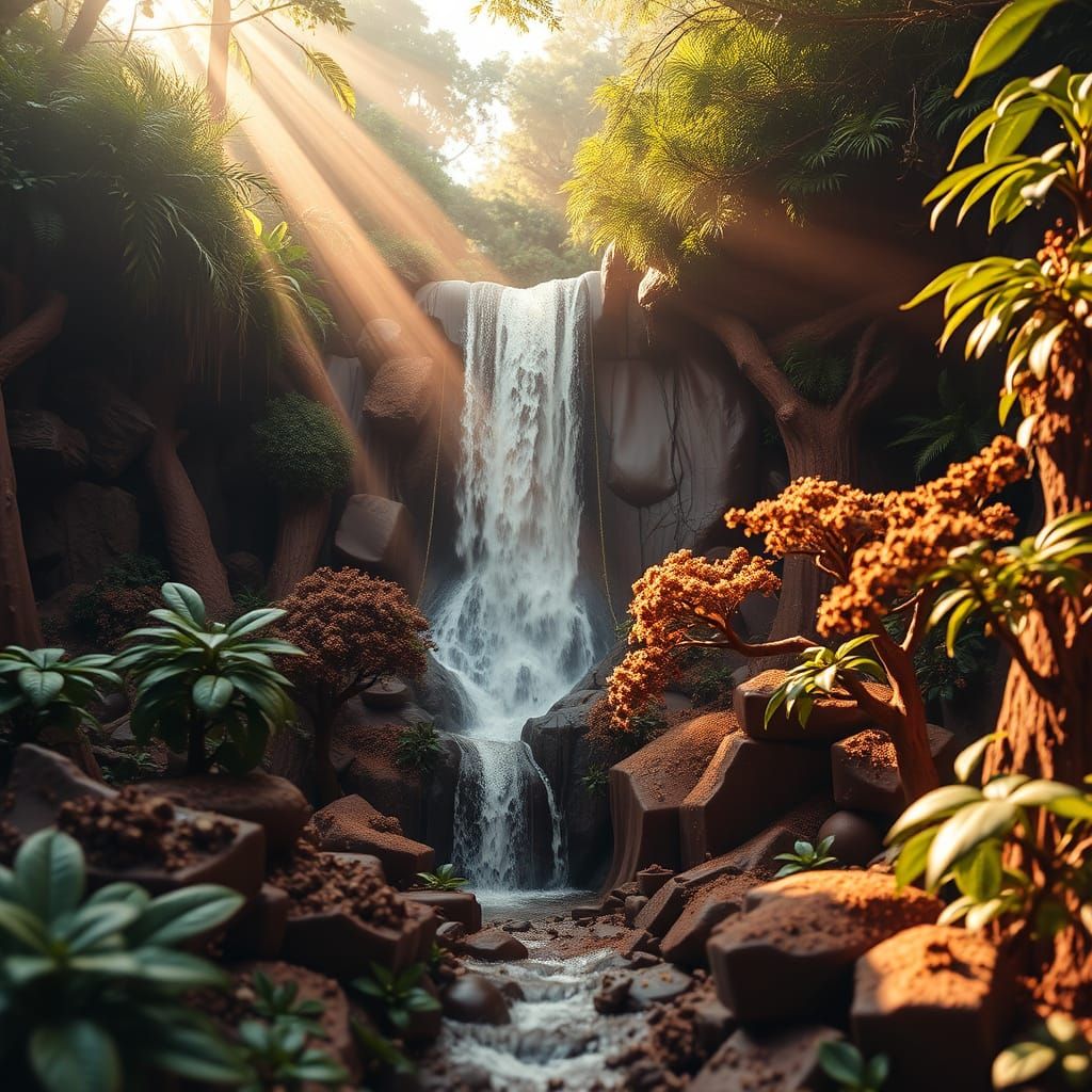 Chocolate Waterfall in Decadent Rainforest Landscape