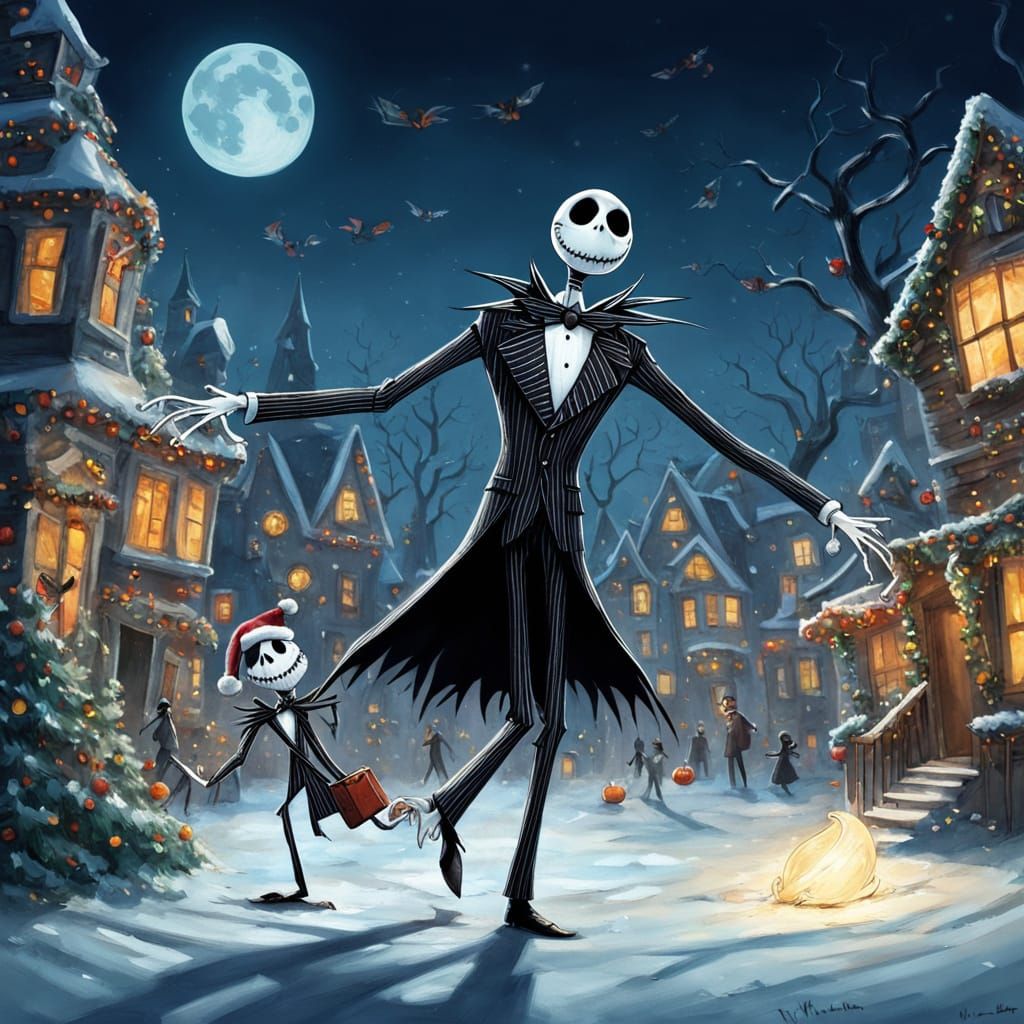 Jack Skellington's Comical Christmas Chaos in Whimsical Art