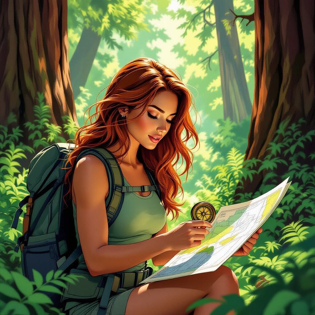 Woman Hiker Navigates Redwood Park in Comic Book Style