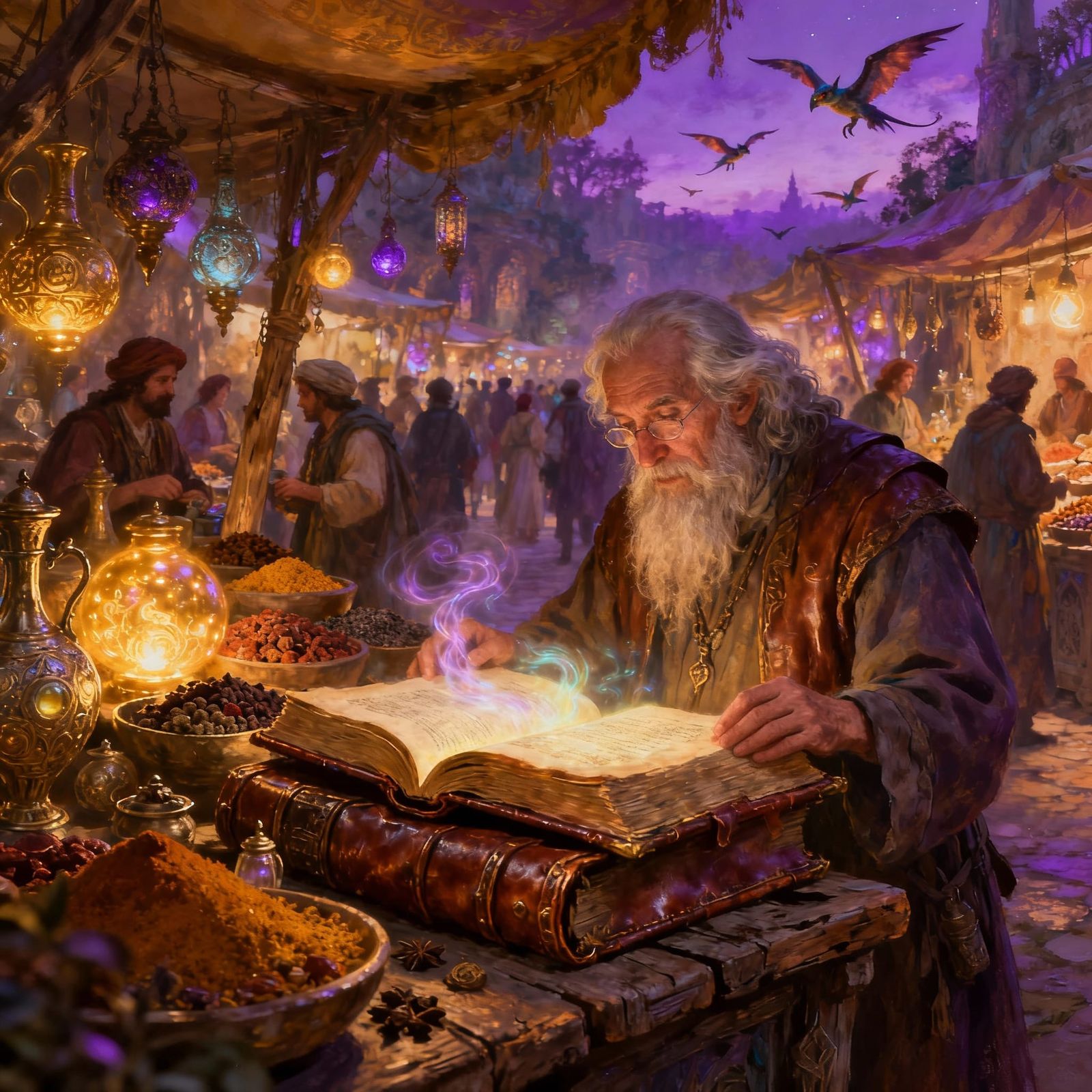 Vibrant Twilight Bazaar with Glowing Artifacts and Scholar