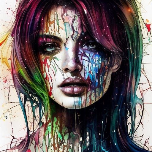 Beautiful Dark-Haired Woman in Watercolor Style