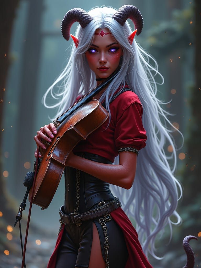 Ethereal Tiefling Bard with Crimson Skin and Silver Hair