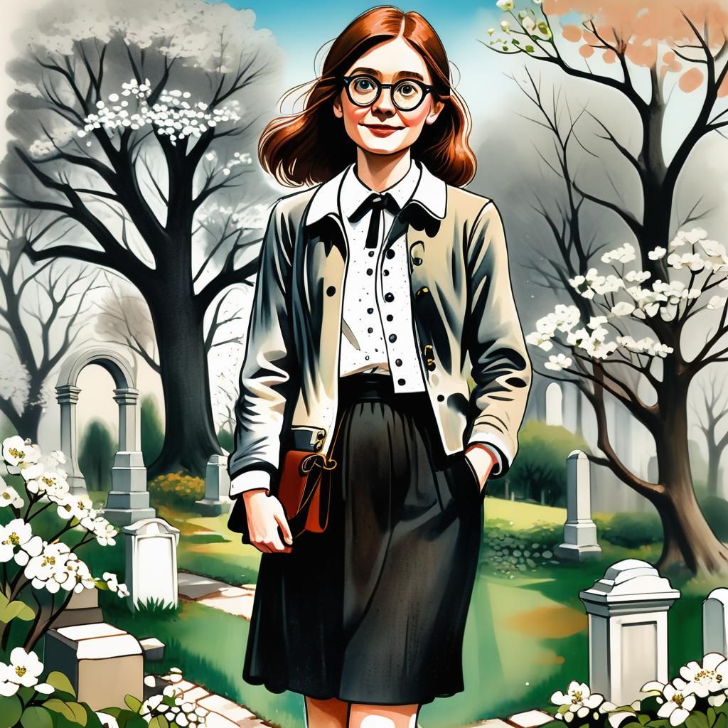 Whimsical Irish Woman in Graveyard Illustration