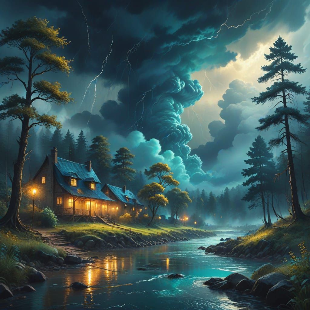Majestic Storm Over Forest Village Digital Painting