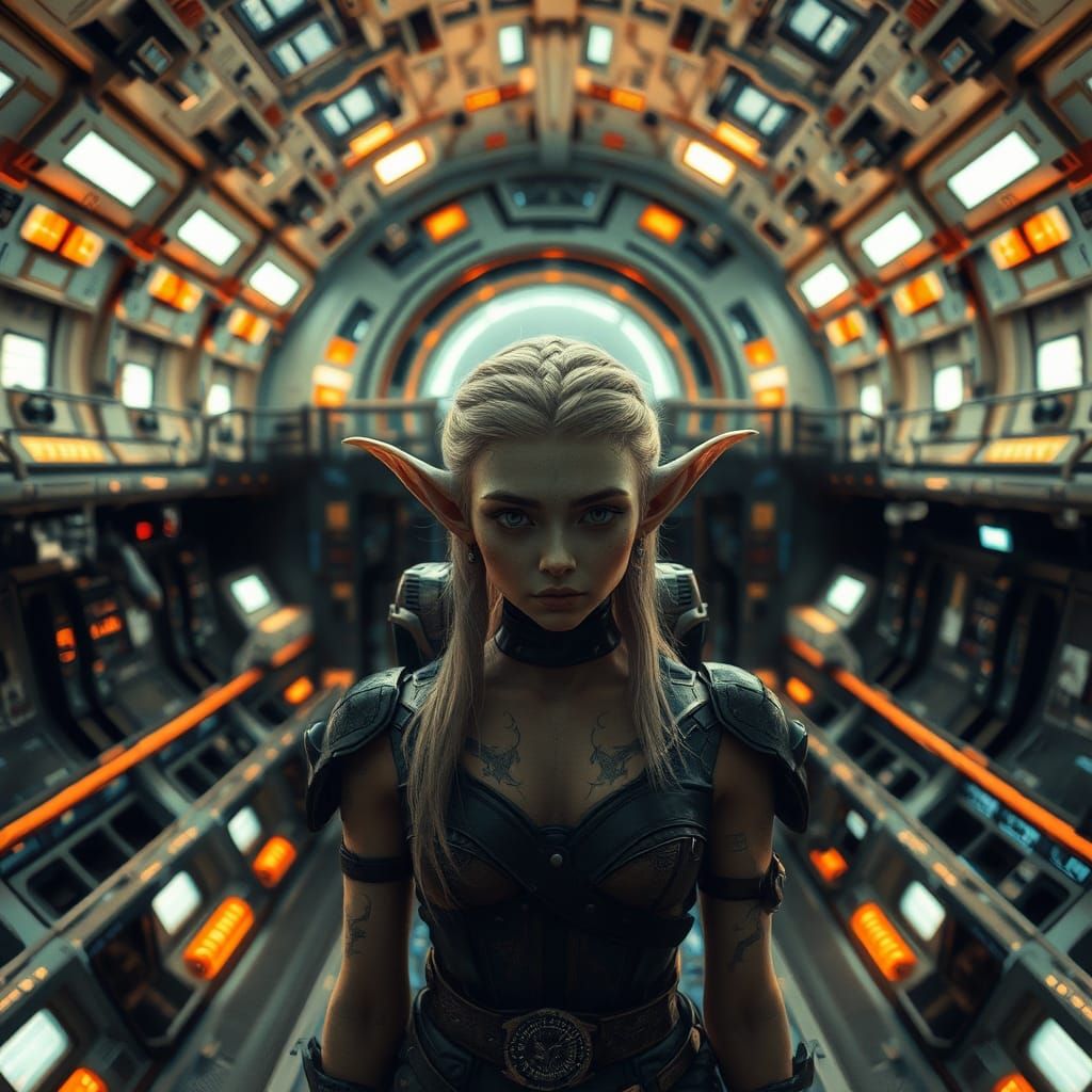 Two-Headed Elf Girl in Space Station, Hyperrealistic