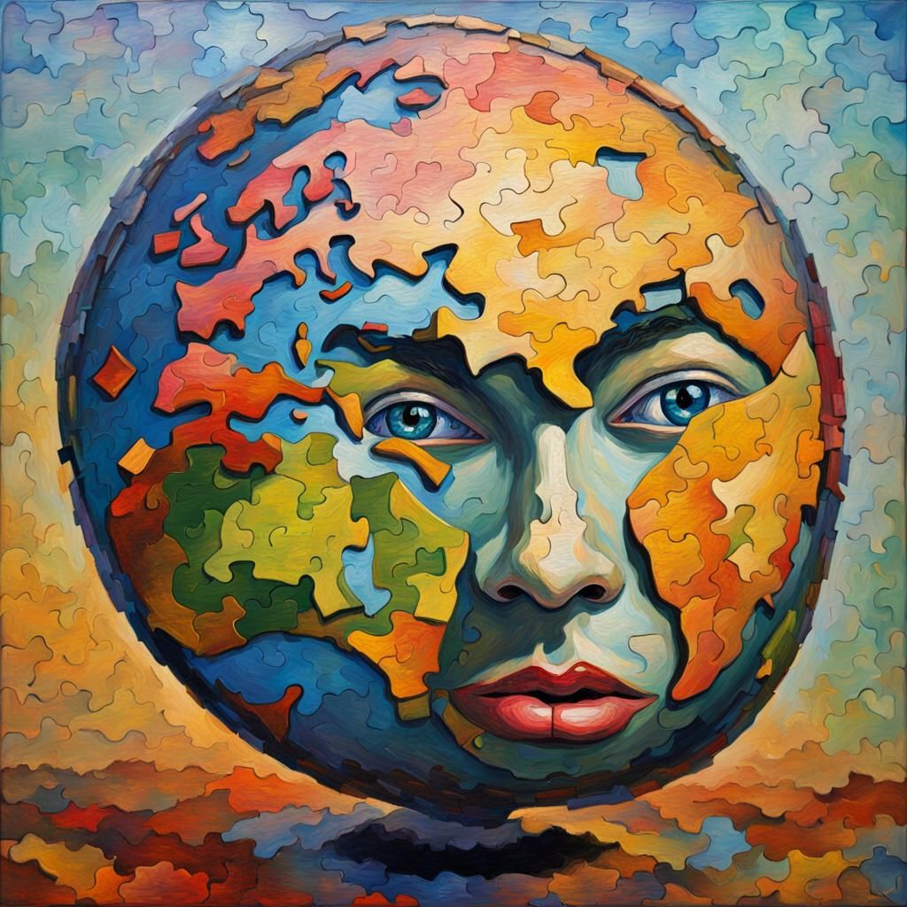 Human Head Emerges from World Map as Impasto Painting
