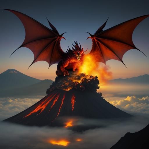 Fire Dragon Over Volcano in Ethereal Fantasy Style