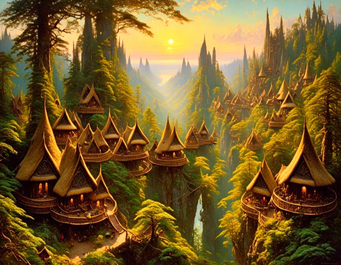 Elven Village in Evergreen Forest, Hyperdetailed Oil Paintin...